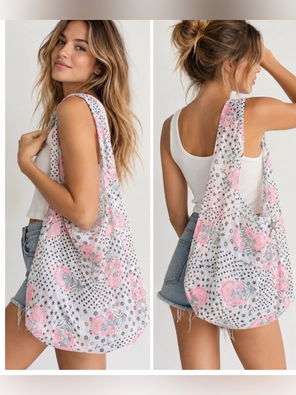 Free People White Shoulder Tote with Pink Floral & Black Star Print